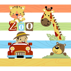 Wall Mural - cartoon of a boy on car with cute animals, tiger, giraffe, bear