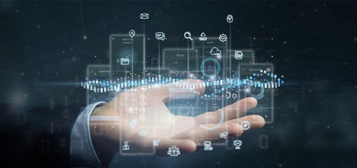 Wall Mural - businessman holding user interface screens with icon, stats and data 3d rendering