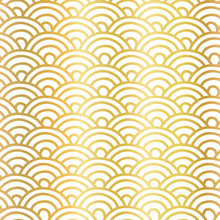 Gold Foil Fish Scale Seamless Vector Pattern. Repeating Geometrical Metallic Golden Background. Hand Drawn Half Circles Golden On White. Abstract Elegant Design For Decor, Wallpaper, Gift Wrap, Cards