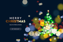 2020 New Year. Christmas Tree Sparkle Blur Bokeh Effect Horizontal Background . Dark Xmas Backdrop. Text Merry Christmas. Vector Illustration For Web Banners Invitation Poster 