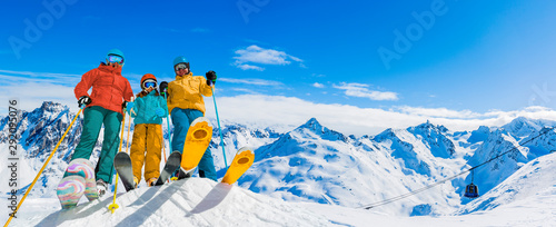 Fotografía Ski in winter season, mountains and ski touring equipments on the top in sunny day in France, Alps above the clouds
