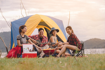 group of friends asian camp forest adventure travel remote relax concept, mountain view. dinner part