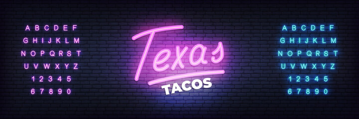 Wall Mural - Tacos neon sign. Glowign lettering template Texas tacos