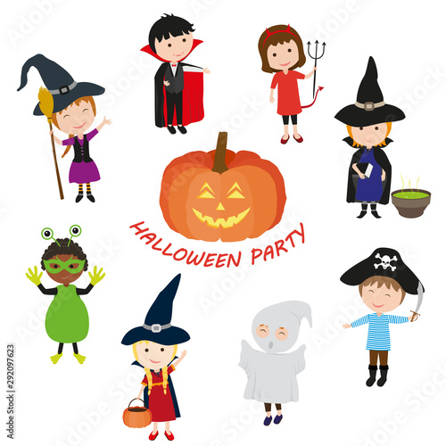 Halloween party. Cute children in holiday costumes for Halloween: Dracula, wi...