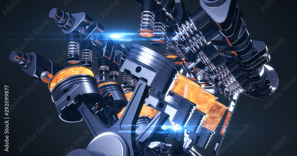 High Tech V8 Diesel Engine With Explosions. Pistons And Other Mechanical Parts - 3D Illustration Render - obrazy, fototapety, plakaty 