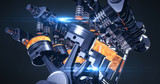 Fototapeta  - High Tech V8 Diesel Engine With Explosions. Pistons And Other Mechanical Parts - 3D Illustration Render