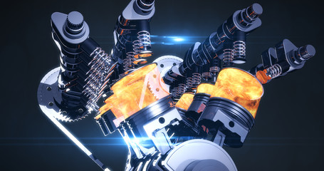 Wall Mural - High Tech V8 Diesel Engine With Explosions. Pistons And Other Mechanical Parts - 3D Illustration Render