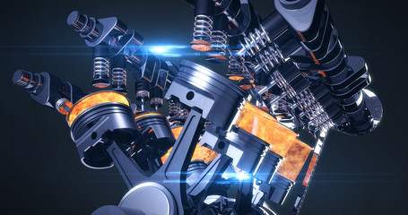 Leinwandbilder - High Tech V8 Diesel Engine With Explosions. Pistons And Other Mechanical Parts - 3D Illustration Render