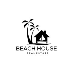 Illustration of a house on a beach with beautiful palm trees and waves logo design	