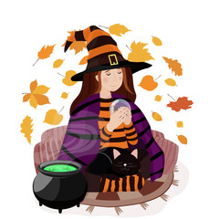 Halloween witch with boiling cauldron. Vector illustration. Isolated on a white background.