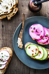 Wall Mural - Hummus and colourful Radishes with Chili Bruschetta