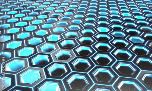 Glowing black and blue hexagons background pattern on silver metal surface 3D...