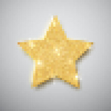 Gold Shiny Glitter Glowing Star With Shadow Isolated On Gray Background. Vector Illustration