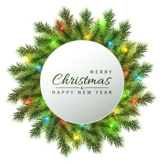 Wall Mural - festive christmas and new year banner. christmas fir-tree branches with light garland. holiday's bac