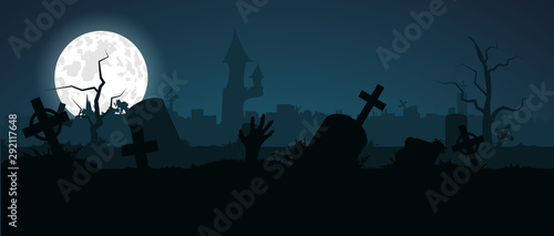Fotografía Halloween zombie hand crawls out of a grave in an old abandoned cemetery