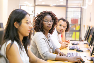 Wall Mural - diverse group of trainees working in computer class. line of man and women in casual sitting at tabl