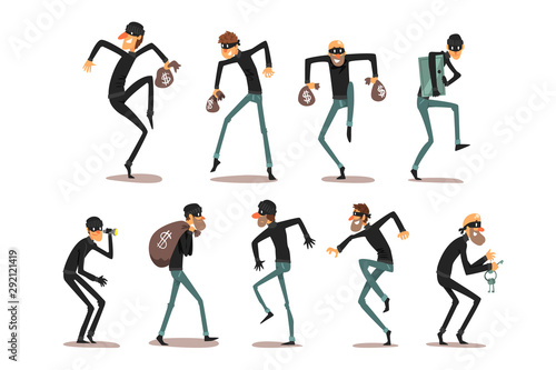 Cuadros en Lienzo Male thief in mask set, robber cartoon characters committing crimes vector Illus