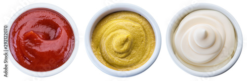 Fotomural Mayonnaise, mustard and tomato sauces in white bowls