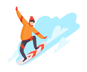 Poster - Flat vector illustration of snowboarding man isolated on white background.