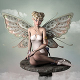 Beautiful young fairy with butterfly wings sitting on a pedestal
