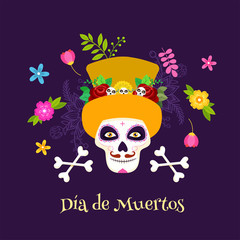 Poster - Dia De Muertos celebration poster design with sugar skull or calaveras, crossbones and flowers decorated on purple background.