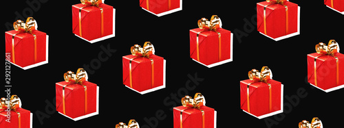 Pattern of red gift boxes with golden bow on black background. Trendy Black F...