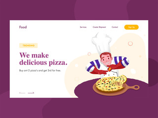 Sticker - Web banner or landing page design with chef character presenting pizza on pan and given message We Make Delicious Pizza.