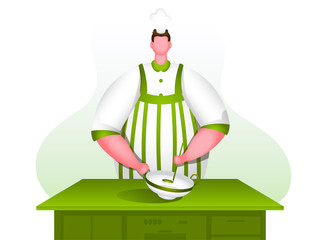 Wall Mural - Faceless chef character holding cookware (Kadai) with ladle on kitchen table.