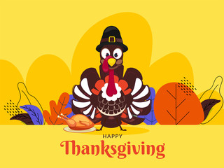 Poster - Happy Thanksgiving greeting card design with illustration of turkey bird wearing pilgrim hat and autumn leaves decorated on yellow background.