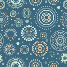 Seamless Abstract Pattern Of Circles And Dots Of Blue, Orange And Turquoise Colors. Kaleidoscope Background