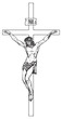 Vector illustration of the religious symbol crucifixion. Jesus Christ, the Son of God with a crown of thorns on his head, a Catholic symbol. Cross with crucifix and inscription INRI, pencil drawing.