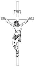 Vector Illustration Of The Religious Symbol Crucifixion. Jesus Christ, The Son Of God With A Crown Of Thorns On His Head, A Catholic Symbol. Cross With Crucifix And Inscription INRI, Pencil Drawing.