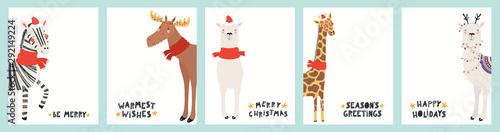 Collection of Christmas cards with cute zebra, giraffe, llama, moose in Santa...