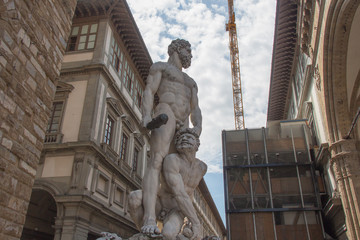 White sculpture Hercules and Cacus at the entrance of the Palazzo Vecchio in the Piazza della Signoria, Florence, Italy.