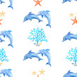 Dolphin and Seaweed watercolor hand painted seamless pattern.