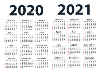 Wall Mural - Calendar 2020 and Calendar 2021 starting from Sunday. Vector illustration