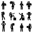© Cherstva - Stick figure carrying box vector icon pictogram. Man and woman holding, moving, standing with heavy weight silhouette