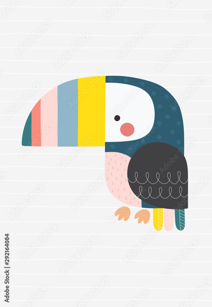 Colorful toucan. Vector illustration in a scandinavian style with simple background. Funny poster. - obrazy, fototapety, plakaty 