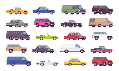 Cars big bundle set. Coupes, sedans, family trucks and hybrid vehicle collection, city transport models and country automobile. Vector flat style cartoon illustration isolated on white background