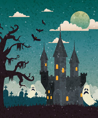 Poster - Haunted castle with cemetery and ghost in halloween scene