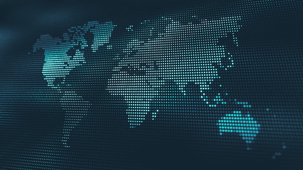 Wall Mural - abstract blue background with digital waves of particles and world map. globe texture.