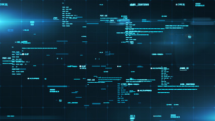 System interface with information on a screen. Abstract HUD background with program code modules in a cyberspace. 