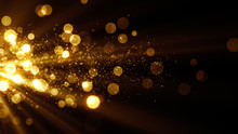 Glitter Celebration Texture. Golden Stream With Particles. Abstract Background With Magic Lights And Sparks. 