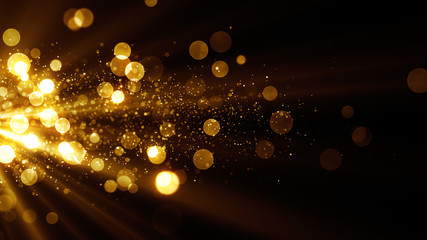 glitter celebration texture. golden stream with particles. abstract background with magic lights and