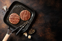Grilled Burger Meat On Grill Pan