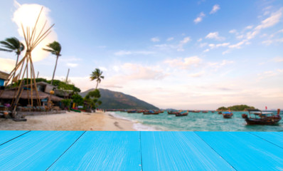 Empty top of wooden table or counter  view of landscape tropical beach