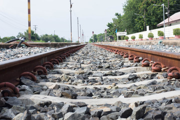 Railroad tracks stretching into the distance, train