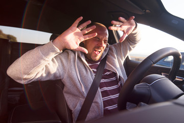 Last second before a car crash concept. Driver lost control of car. Dangerous maneuver on the road. Dangerous driving and speeding. Emergency braking.