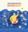 Banner concept of Information Overload, Digital hygiene, Stress, Time management. Overwhelmed man on a lifebuoy drowning in the information stream. Vector illustration in flat style.