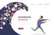 Concept of Information Overload, Digital hygiene, Stress. Overwhelmed person running away from the information stream wave pursuing him. Vector illustration in flat style. 